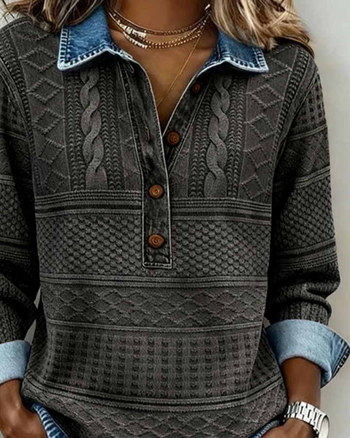 Gwenoriah™ | Denim-Inspired Half-Button Knit Top