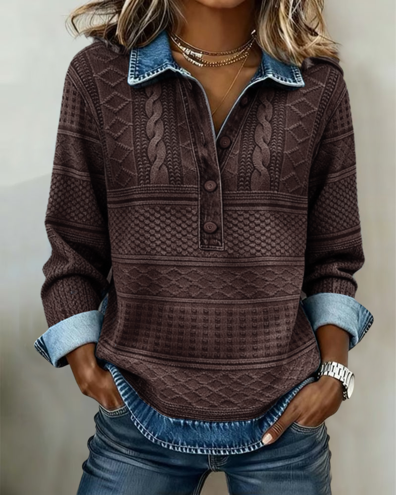 Gwenoriah™ | Denim-Inspired Half-Button Knit Top