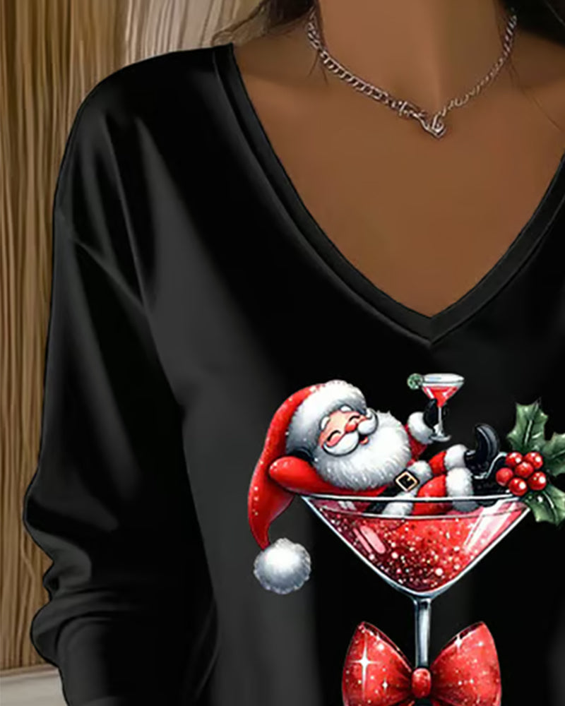 Loose-Fitting Top with V-Neck and Christmas Motif with Wine Glass