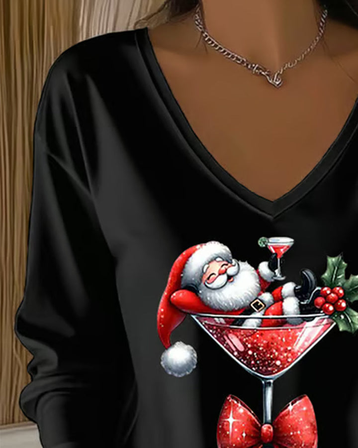 Loose-Fitting Top with V-Neck and Christmas Motif with Wine Glass