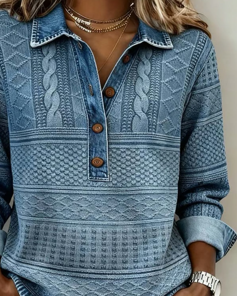 Gwenoriah™ | Denim-Inspired Half-Button Knit Top