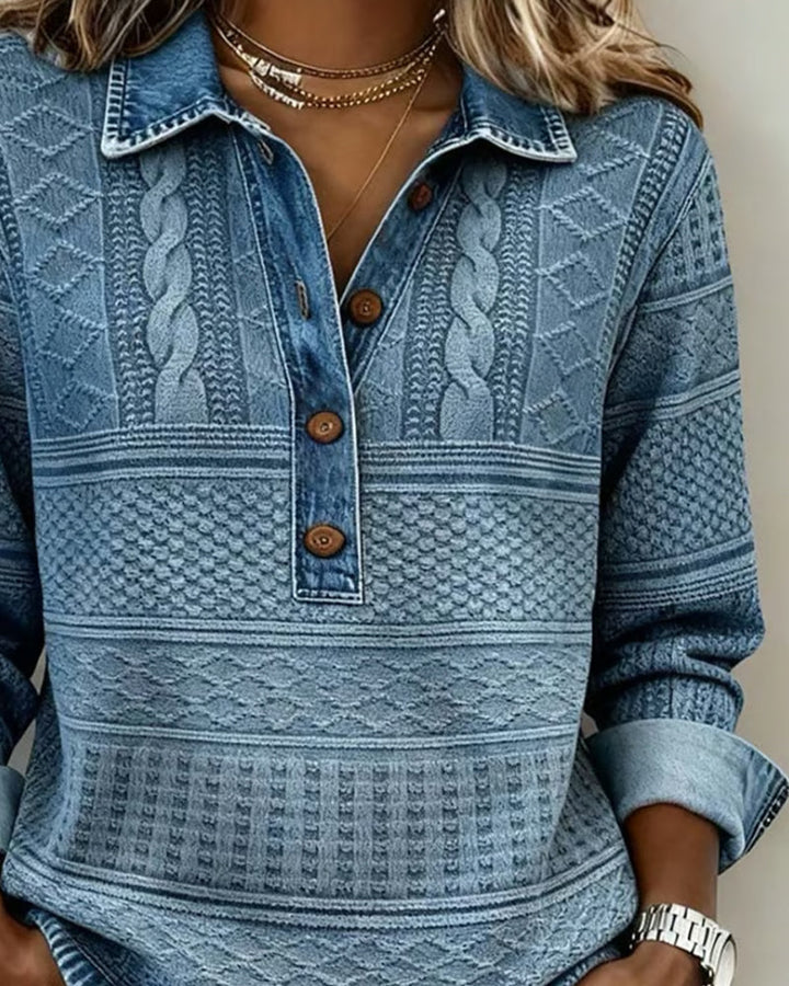 Gwenoriah™ | Denim-Inspired Half-Button Knit Top