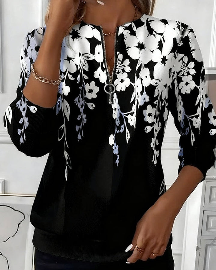 Floral Print Half-Zip Sweatshirt for Women