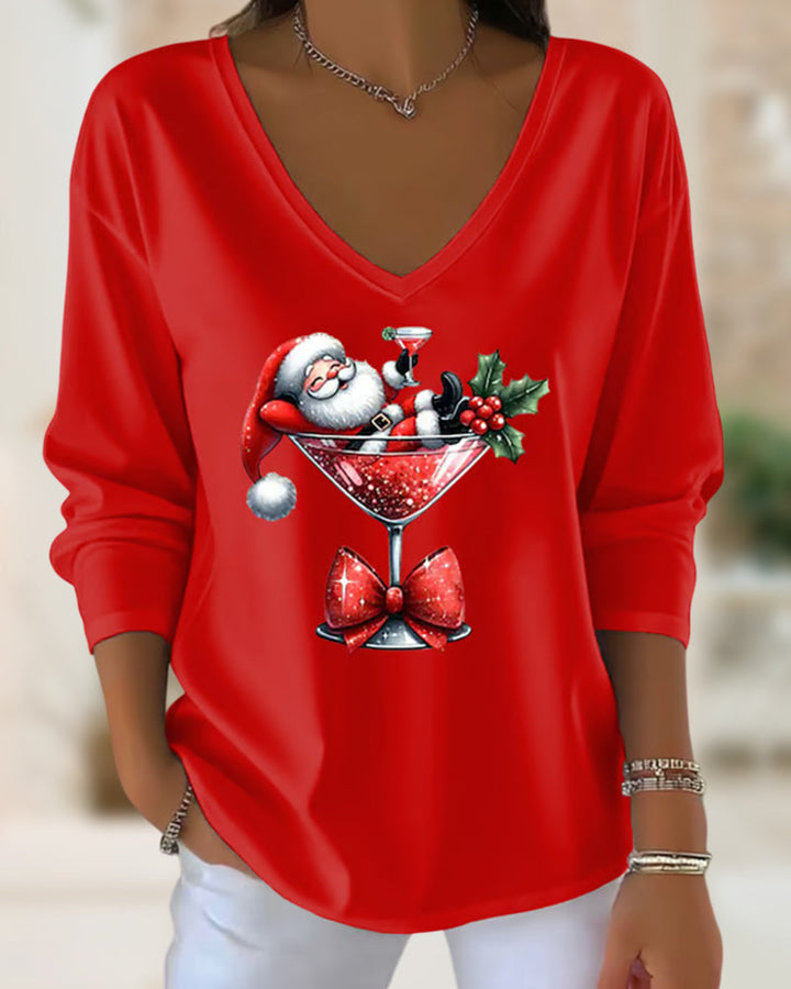Loose-Fitting Top with V-Neck and Christmas Motif with Wine Glass
