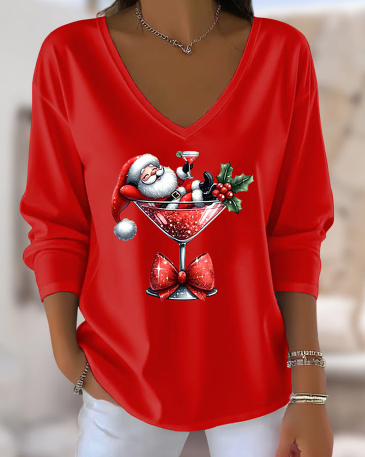 Loose-Fitting Top with V-Neck and Christmas Motif with Wine Glass