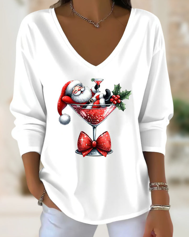 Loose-Fitting Top with V-Neck and Christmas Motif with Wine Glass