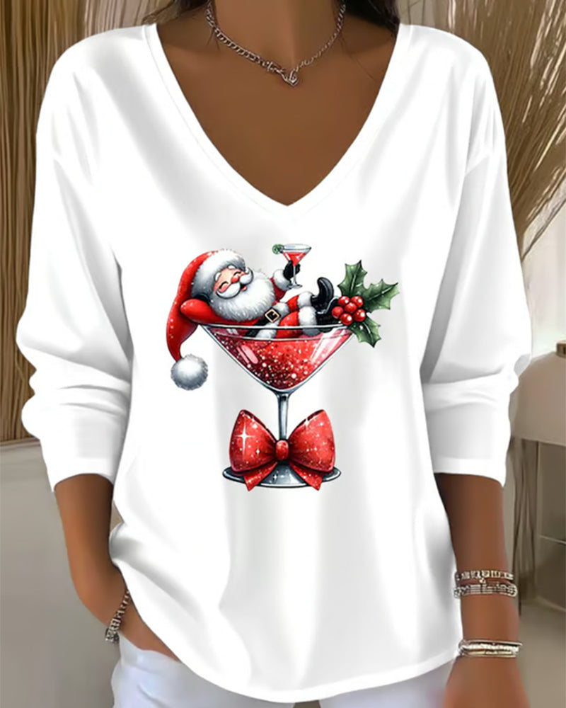 Loose-Fitting Top with V-Neck and Christmas Motif with Wine Glass